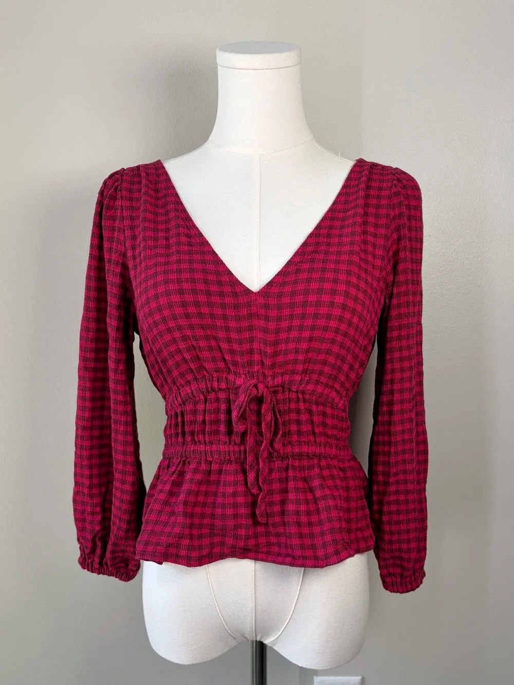 Madewell Crinkled V-Neck Peplum Top Hibiscus Plaid Puff Sleeve Smocked Blouse